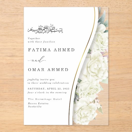 Chique witte bloemen bladeren islamitische moslim  acryl uitnodigingen (Voorkant)