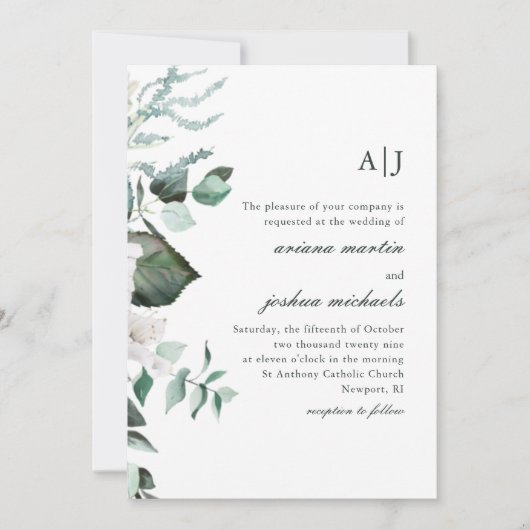 Chique witte bloemen en groen monogram bruiloft kaart (Voorkant)