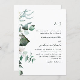 Chique witte bloemen en groen monogram bruiloft kaart