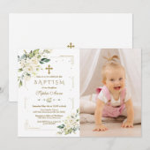 Chique witte bloemen goud meisje foto doop kaart (Voorkant / Achterkant)