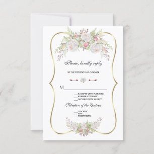 Chique witte bloemen gouden kader trouw-RSVP RSVP Kaartje