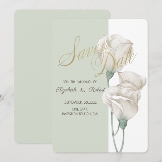 Chique Witte Bloemen Rozen Bewaar De Datum Save The Date (Voorkant / Achterkant)