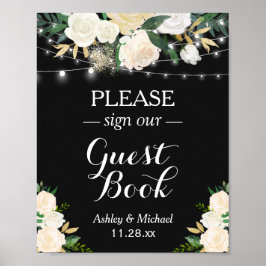 Chique witte bloemenslingerlichten teken onze gast poster