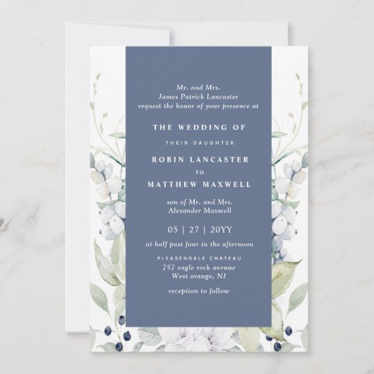 Chique witte en blauwe bloemenbruiloft, marine kaart (Voorkant)