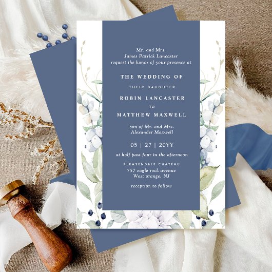 Chique witte en blauwe bloemenbruiloft, marine kaart