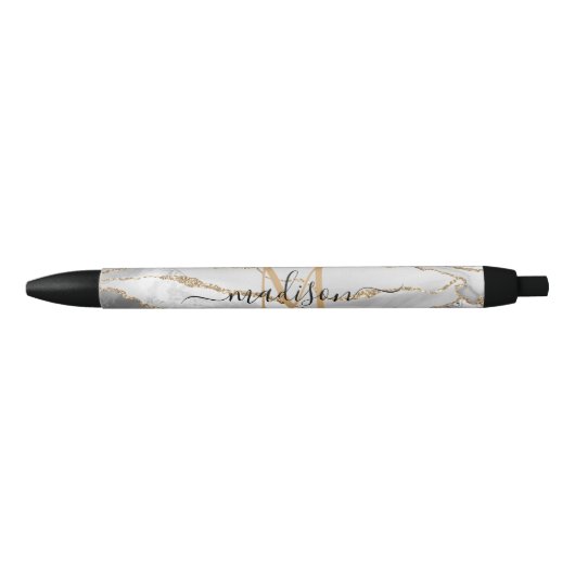 Chique witte gouden glitters agaat monogram script zwarte inkt pen (Voorkant)