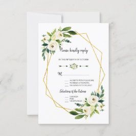 Chique witte groene bloem gouden kader trouw RSVP Kaartje