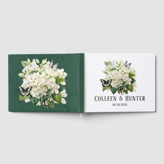 Chique witte hortensia en vlinder bruiloft gastenboek (Volledig)