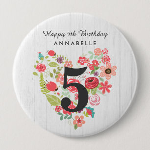 Chique witte hout & fantasievolle bloem Happy Birt Ronde Button 4,0 Cm