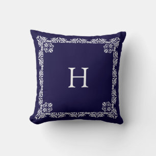 Chique witte kant vector & monogram op marineblauw kussen