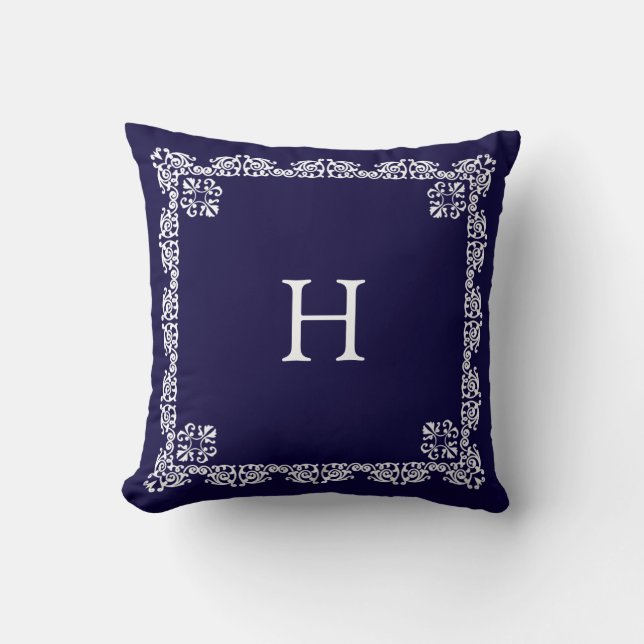 Chique witte kant vector & monogram op marineblauw kussen (Voorkant)