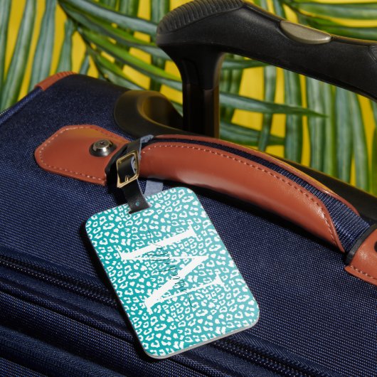 Chique witte luipaardvlekken op turquoise monogram bagagelabel (Voorkant Insitu 1)