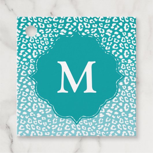 Chique witte luipaardvlekken op turquoise monogram bedankjes labels (Voorkant)