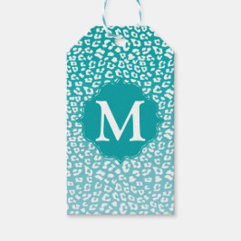 Chique witte luipaardvlekken op turquoise monogram cadeaulabel