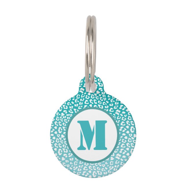 Chique witte luipaardvlekken op turquoise monogram huisdierpenning (Voorkant)