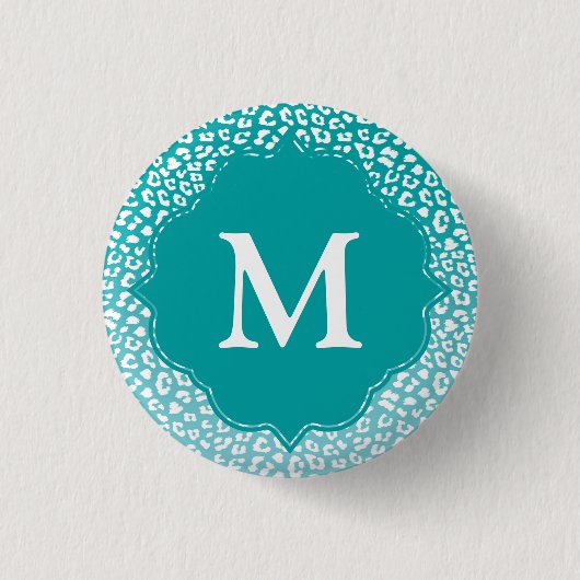 Chique witte luipaardvlekken op turquoise monogram ronde button 3,2 cm (Voorkant)