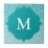 Chique witte luipaardvlekken op turquoise monogram tegeltje (Voorkant)