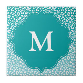 Chique witte luipaardvlekken op turquoise monogram tegeltje