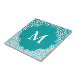Chique witte luipaardvlekken op turquoise monogram tegeltje