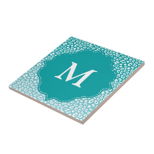 Chique witte luipaardvlekken op turquoise monogram tegeltje (Zijkant)