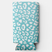 Chique witte luipaardvlekken op turquoise seltzer blikjeskoeler (Achterkant)