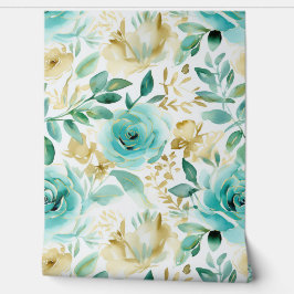 Chique witte munt groene gouden bloemen behang