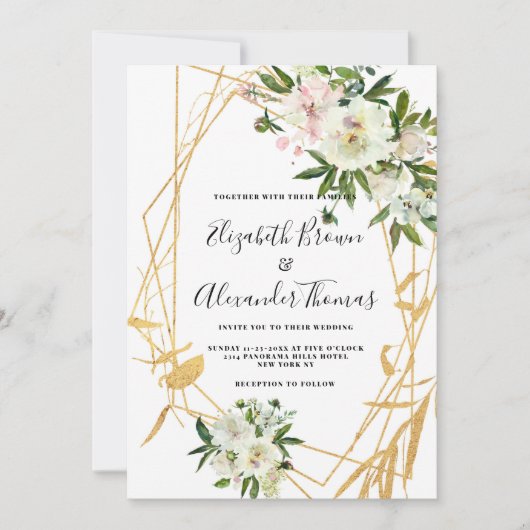 Chique witte pioen goud terrarium bloemenbruiloft kaart (Voorkant)