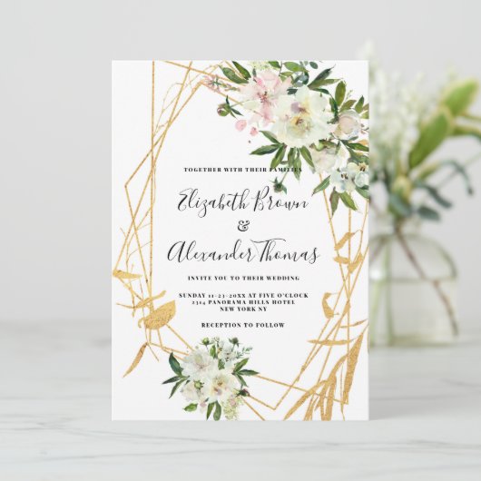 Chique witte pioen goud terrarium bloemenbruiloft kaart (Staand voorkant)