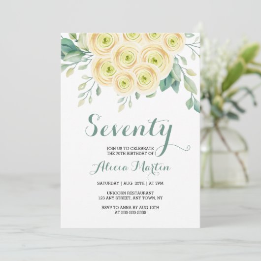 Chique witte roos flora groen 70e verjaardag kaart (Staand voorkant)