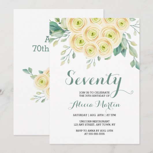 Chique witte roos flora groen 70e verjaardag kaart (Voorkant / Achterkant)