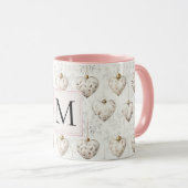 Chique witte roze hart ornamenten monogram mok (Voorkant rechts)