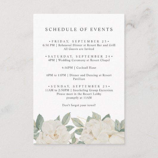 CHIQUE WITTE ROZEN BLOEMEN Lente SCHEMA VAN EVENEM Informatiekaartje (Voorkant)