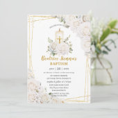 Chique witte rozen bloemendop christeningskaars kaart (Staand voorkant)