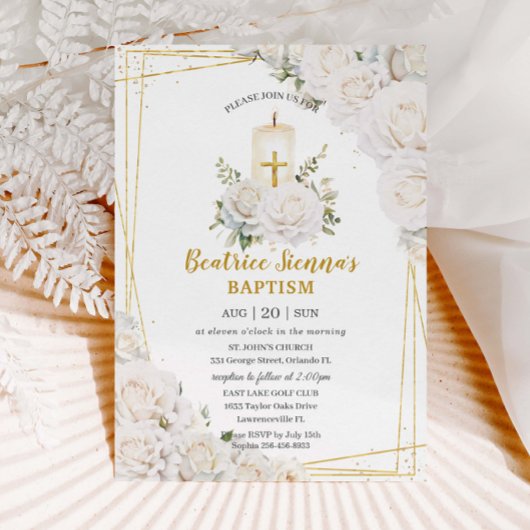 Chique witte rozen bloemendop christeningskaars kaart
