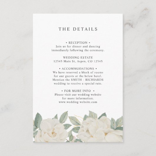 CHIQUE WITTE ROZEN BRUILOFT- GASTDETAILS INFORMATIEKAARTJE (Voorkant)
