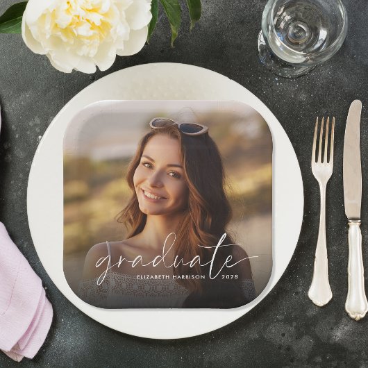 Chique witte script foto overlay afstudeerfeest papieren bordje