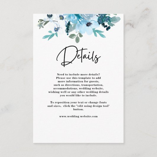 Chique witte stoffige blauwe bloemen bruiloft deta informatiekaartje (Voorkant)