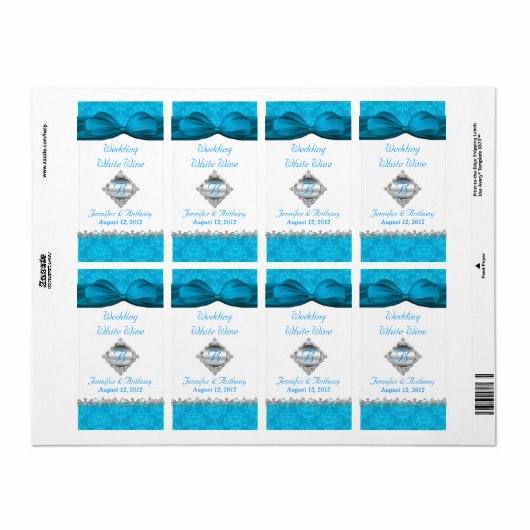 Chique witte & turquoise damast mini wijnlabels etiket (Full Sheet)