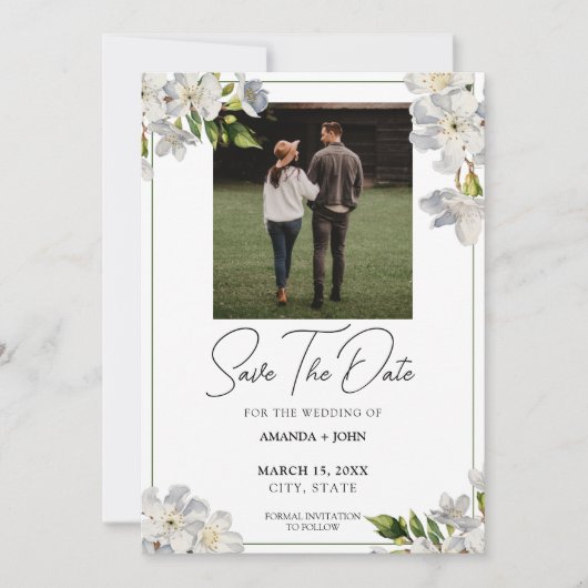 Chique witte Waterverf Jasmine Floral Save the Dat Date (Voorkant)