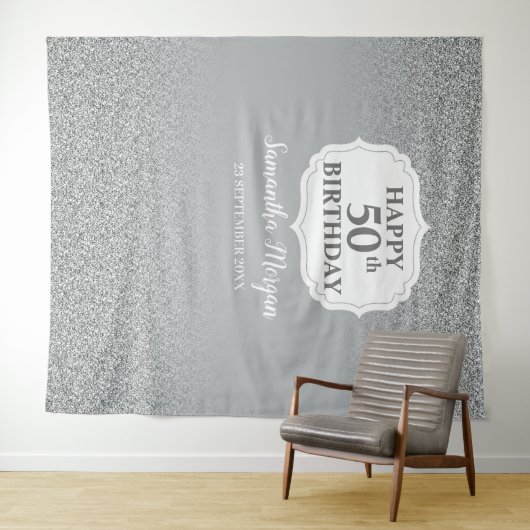 Chique witte zilveren glitter verjaardagsachtergro wandkleed (In Situ (horizontaal))