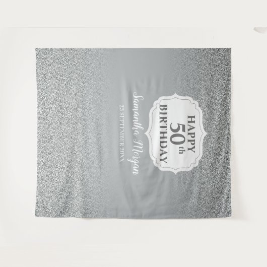 Chique witte zilveren glitter verjaardagsachtergro wandkleed (Voorkant (horizontaal))