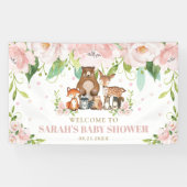 Chique Woodland Dieren Roze Bloemenachtergrond Wel Spandoek (Horizontaal)