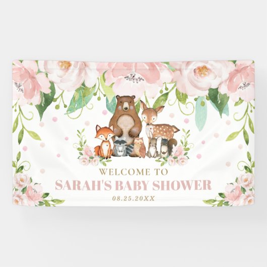 Chique Woodland Dieren Roze Bloemenachtergrond Wel Spandoek (Horizontaal)