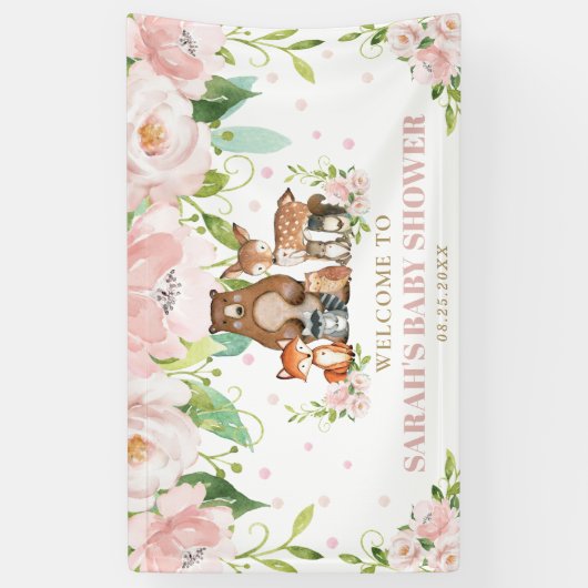 Chique Woodland Dieren Roze Bloemenachtergrond Wel Spandoek (Verticaal)