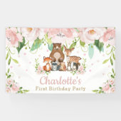 Chique Woodland Dieren Roze Bloemenachtergrond Wel Spandoek (Horizontaal)