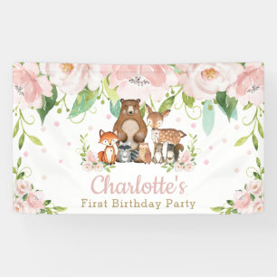 Chique Woodland Dieren Roze Bloemenachtergrond Wel Spandoek