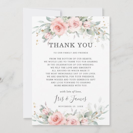 Chique zacht gekleurd blush roze bloemengroen brui bedankkaart (Voorkant)
