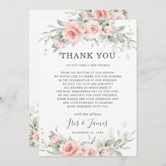 Chique zacht gekleurd blush roze bloemengroen brui bedankkaart (Voorkant / Achterkant)
