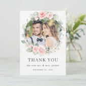 Chique zacht gekleurd blush roze bloemengroen foto bedankkaart (Staand voorkant)