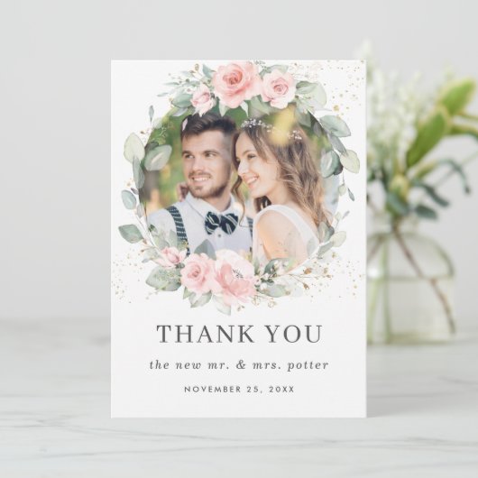 Chique zacht gekleurd blush roze bloemengroen foto bedankkaart (Staand voorkant)